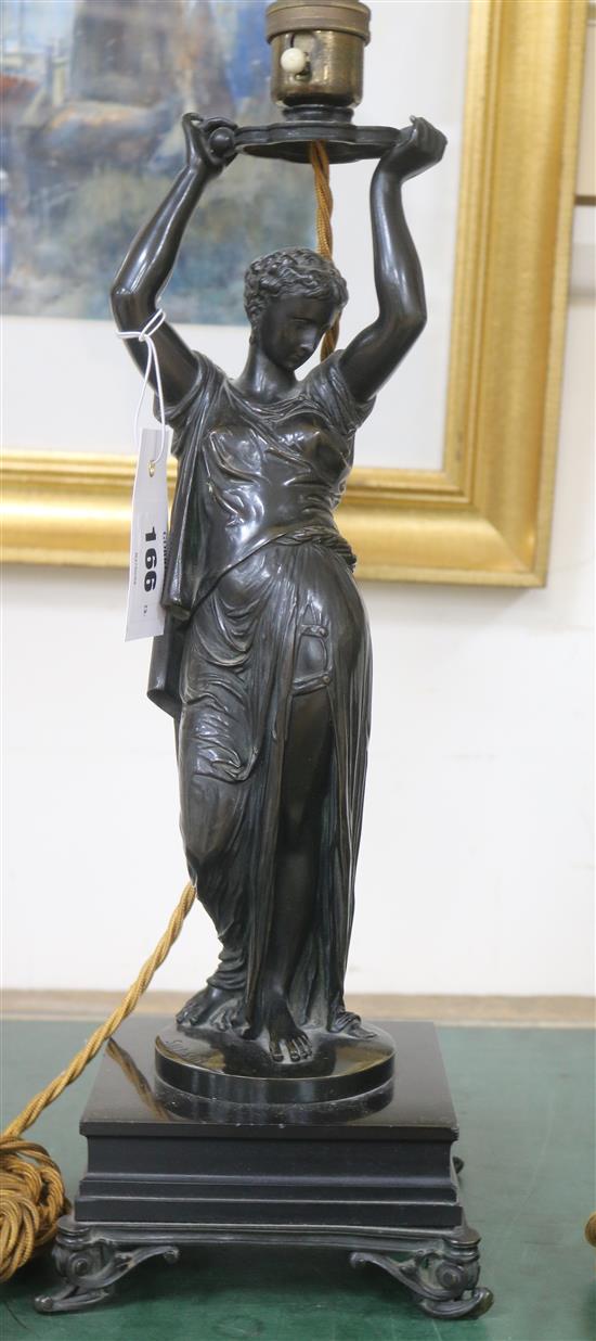 J.J. Salmson (1823-1902). A classical female bronze figure holding an urn, mounted as a lamp 15in.